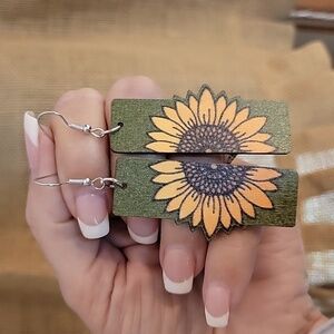Sunflower Split Image Wood Drop Earrings